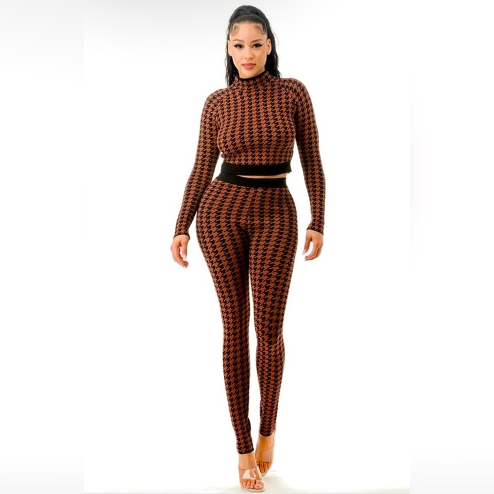 Rust/Black Houndstooth Casual Soft Knit Set Turtleneck Top/Pants Long Sleeve